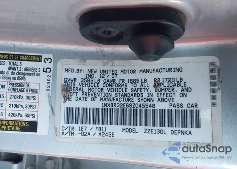 2008 Toyota Corolla Le from USA, damaged, VIN 1NXBR32E68Z045548